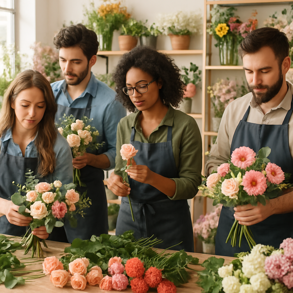 A team of florists creating arrangements in a bright shop