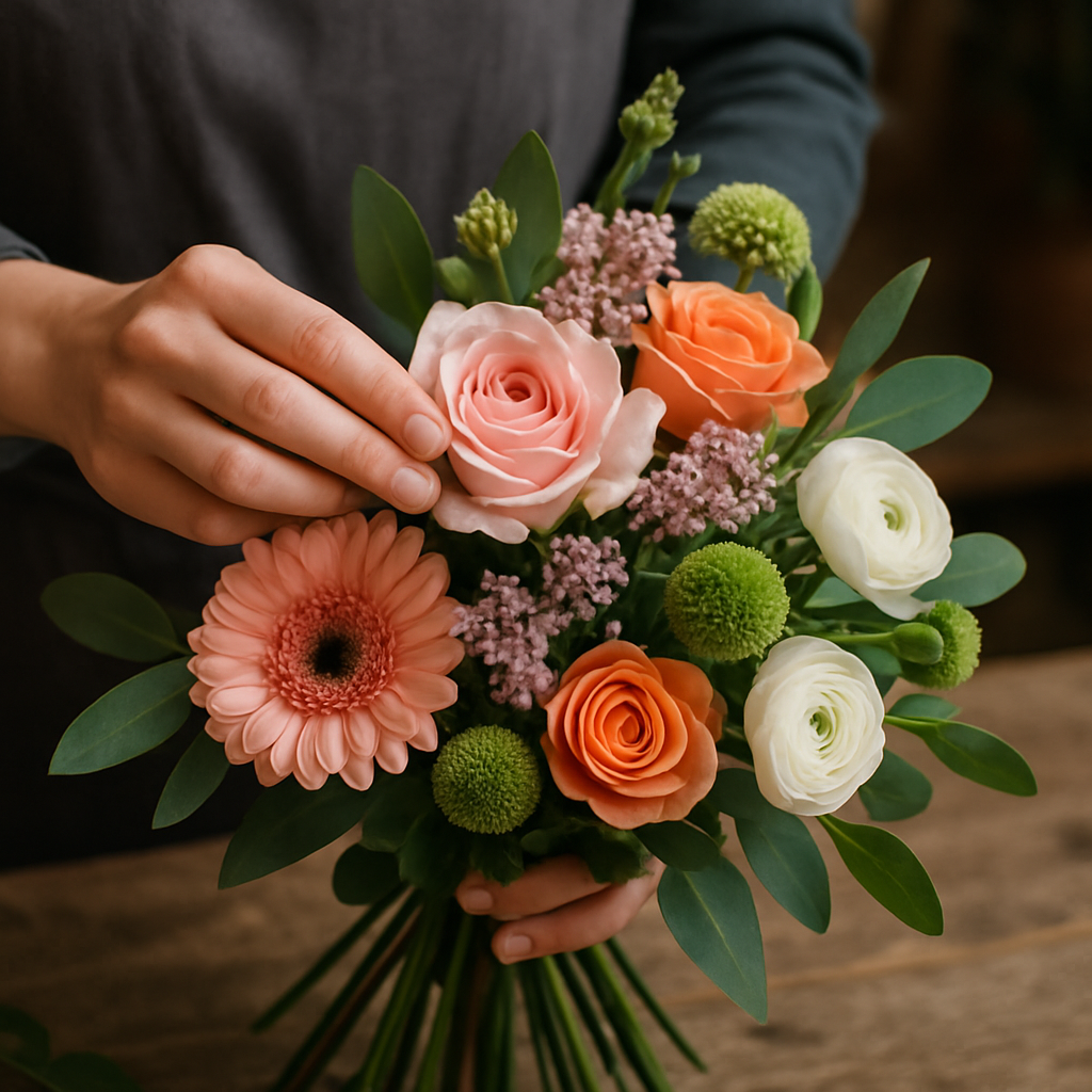 A close-up of a florist's hands arranging a bouquet